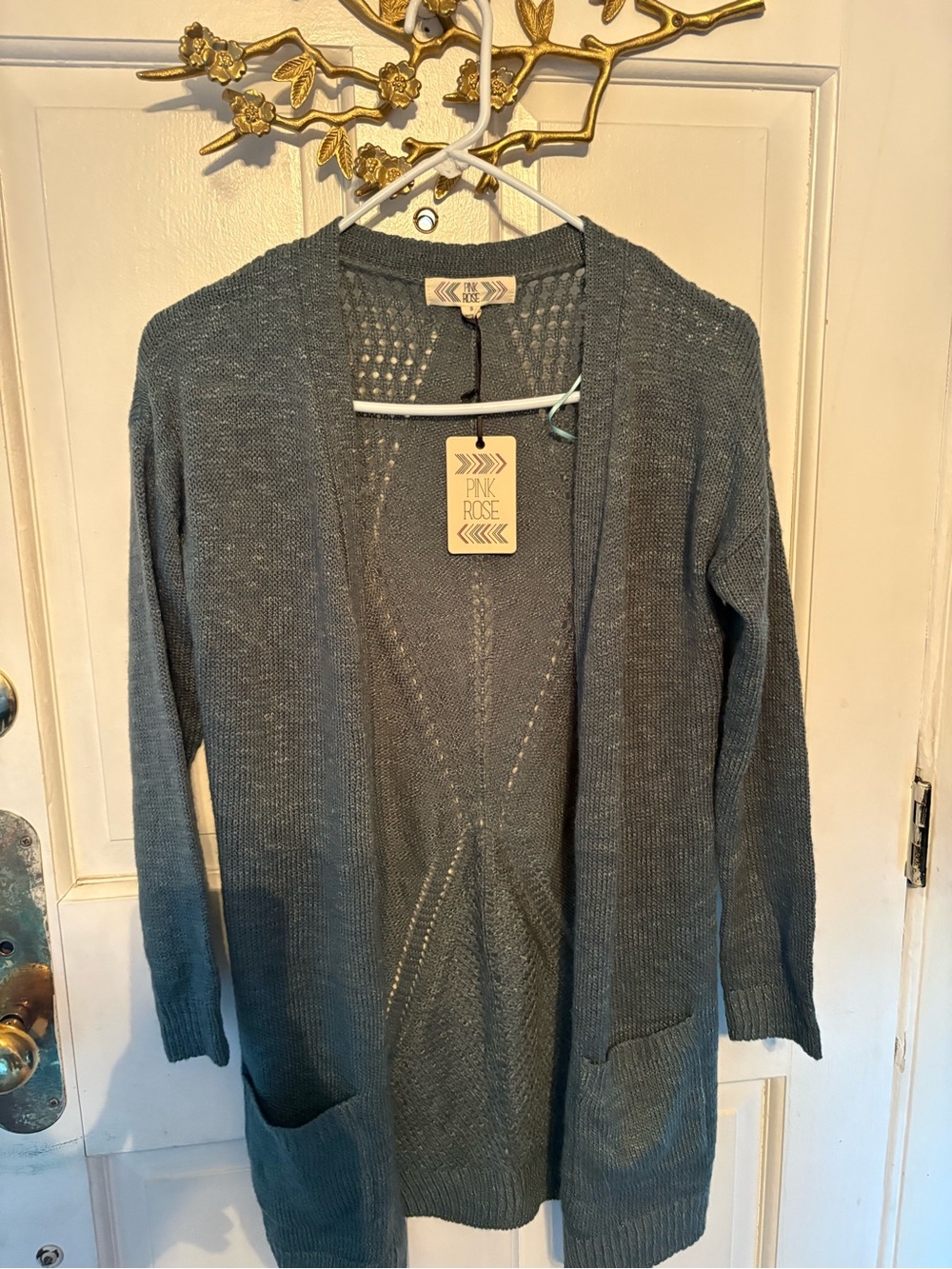 Pink Rose Open-Front Cardigan in Slate Blue-Gray